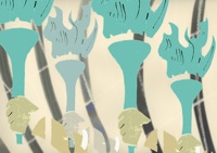 four hands holding olympic torches green red and grey