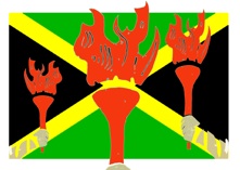 three hands each holding an olympic torch with Jamaican flag background red yellow green and black