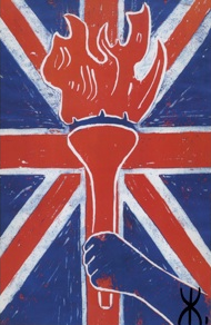 The torch design with British flag and brand. Red, blue and white